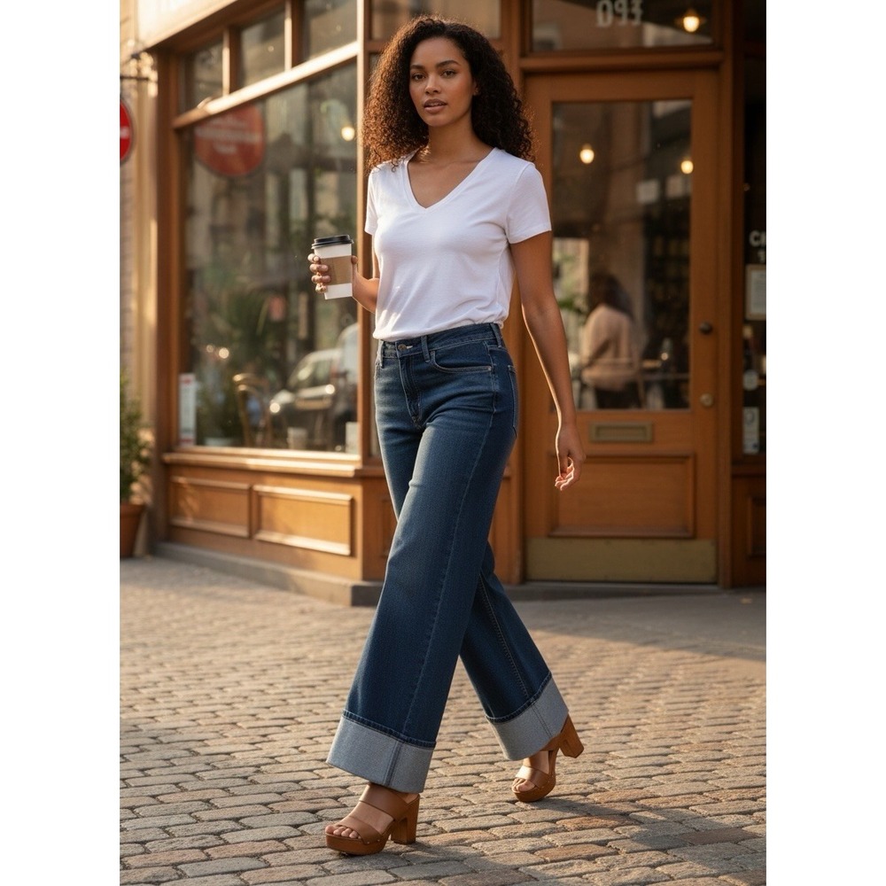 Me by Jennie Garth Women's Dark Washed  Cuffed Wide Leg Blue Jeans Size 10P